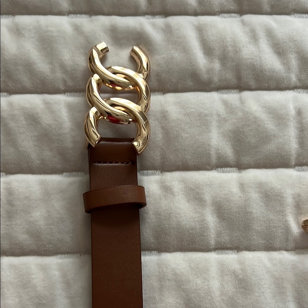 Elegant Brown Leather Belt with Gold Buckle
